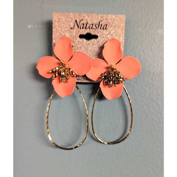 Natasha Flower Earrings 3" Gold Tone Hoop Coral Stud Back Tropical Hisbiscus - Picture 1 of 1